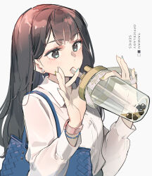 Rule 34 | 1girl, blue bag, blue eyes, brown hair, bubble tea, chinese commentary, collared shirt, commentary request, cup, disposable cup, from side, grey background, highres, holding, holding cup, long hair, long sleeves, office lady taiwan, original, shirt, simple background, solo, tennohi, upper body, white shirt