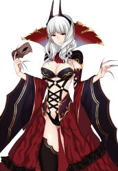 Rule 34 | 1girl, black nails, black thighhighs, breasts, carmilla (fate), cleavage, closed mouth, cowboy shot, detached sleeves, domino mask, fate/grand order, fate (series), fingernails, gluteal fold, high collar, horns, kanosigu, large breasts, long fingernails, long hair, long sleeves, looking at viewer, mask, unworn mask, nail polish, navel, red skirt, silver hair, skirt, smile, solo, thighhighs, wide sleeves, yellow eyes