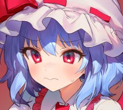 Rule 34 | 1girl, 3:, ainy, bad id, bad twitter id, blue hair, blush, embodiment of scarlet devil, frilled shirt collar, frills, hat, hat ribbon, mob cap, red background, red eyes, red ribbon, remilia scarlet, ribbon, ribbon trim, short hair, simple background, solo, sweat, touhou