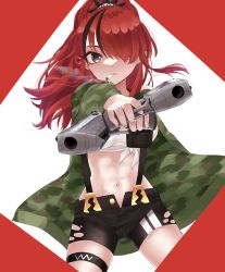 Rule 34 | 1girl, bandeau, black hair, black shorts, breasts, cigarette, commentary request, cowboy shot, dual wielding, green jacket, grey eyes, gun, hair over one eye, handgun, highres, holding, holding gun, holding weapon, jacket, lain paterson, lain paterson (1st costume), large breasts, long hair, long sleeves, looking at viewer, midriff, mouth hold, multicolored hair, navel, nejiha, nijisanji, open clothes, open fly, open jacket, parted lips, pistol, ponytail, pouch, red hair, short shorts, shorts, smoke, smoking, solo, standing, stomach, strapless, streaked hair, suspenders, thigh strap, thighs, tube top, virtual youtuber, weapon