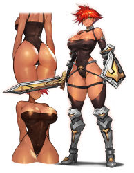 Rule 34 | 1girl, armored boots, ass, belt, belt buckle, boots, buckle, dark-skinned female, dark skin, gauntlets, gold, gurimjang, highres, leotard, narrow waist, original, red-haired warrior (gurimjang), red hair, shield, smile, solo, sword, thighhighs, warrior, weapon, white background, wide hips, yellow eyes