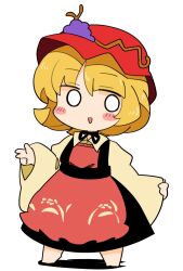 Rule 34 | 1girl, aki minoriko, apron, black skirt, blonde hair, blush, full body, hat, highres, ini (inunabe00), long sleeves, mob cap, open mouth, red apron, red hat, shirt, short hair, simple background, skirt, smile, solo, touhou, white background, wide sleeves, yellow shirt