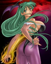 Rule 34 | 1girl, artist request, ass, breasts, capcom, demon girl, covered erect nipples, fire, from behind, green eyes, green hair, head wings, large breasts, long hair, matching hair/eyes, morrigan aensland, nail polish, pantyhose, pink nails, sideboob, smile, solo, standing, vampire (game), wings