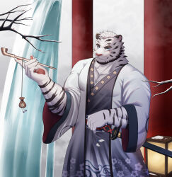 Rule 34 | 1boy, absurdres, alternate costume, alternate facial hair, animal ears, anyisdragon, arknights, bara, beard, facial hair, feet out of frame, floral print, furry, furry male, highres, holding, holding smoking pipe, japanese clothes, kimono, large pectorals, looking at viewer, male focus, mountain (arknights), muscular, muscular male, pectoral cleavage, pectorals, print kimono, scar, scar across eye, short hair, smile, smoking pipe, solo, standing, thick eyebrows, tiger boy, tiger ears, tiger stripes, white fur, white hair, white kimono
