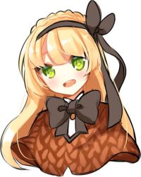 Rule 34 | 1girl, blonde hair, braid, brown capelet, brown hairband, brown ribbon, capelet, commentary request, crown braid, green eyes, hair ribbon, hairband, lobotomy corporation, long hair, looking at viewer, neck ribbon, open mouth, project moon, ribbon, shirt, simple background, smile, solo, teeth, tiphereth a (project moon), upper teeth only, white background, white shirt, willitansov2