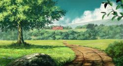 Rule 34 | blue flower, building, bush, cloud, commentary, day, flower, forest, highres, leaf, mansion, meadow, mountainous horizon, nature, no humans, path, road, rock, scarlet devil mansion, scenery, sky, suzu (susan slr97), touhou, tree, white flower, yellow flower