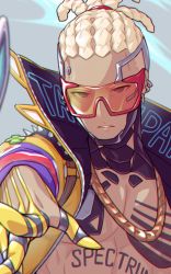 Rule 34 | 1boy, absurdres, animification, bare pectorals, black eyes, blonde hair, chromatic aberration, clover, crypto (apex legends), dark-skinned male, dark skin, earrings, english text, four-leaf clover, glasses, highres, hype beast crypto, jacket, jewelry, male focus, necklace, official alternate costume, original, parted lips, pectorals, solo, spikes, tattoo, tewo (tewowet), upper body