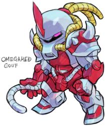 Rule 34 | aburaya tonbi, character name, chibi, full body, fusion, gouf, gundam, heat rod, horns, looking at viewer, marvel, mechanization, mobile suit gundam, omega red, one-eyed, pink eyes, simple background, single horn, solo, standing, tentacles, white background, x-men