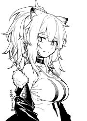 Rule 34 | 1girl, animal ears, arknights, breasts, choker, cleavage, commentary, fur-trimmed jacket, fur trim, greyscale, jacket, large breasts, lion ears, long hair, monochrome, off shoulder, open clothes, open jacket, ponytail, siege (arknights), simple background, solo, studded choker, symbol-only commentary, tank top, twitter username, upper body, white background, yom (ymayma00ss)