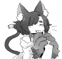 Rule 34 | 1girl, animal ears, animal hands, bare shoulders, belt collar, cat, cat ears, cat girl, cat tail, claws, closed eyes, collar, flying sweatdrops, greyscale, latenight, licking, licking finger, monochrome, monster girl, short hair, simple background, solo focus, sound effects, tail, white background