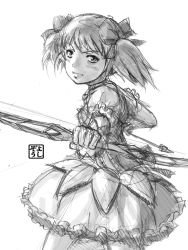 Rule 34 | 10s, 1girl, arrow (projectile), bow (weapon), bubble skirt, choker, face, gloves, greyscale, jewelry, kaname madoka, lips, looking at viewer, magical girl, mahou shoujo madoka magica, mahou shoujo madoka magica (anime), monochrome, pendant, pink eyes, pink hair, puffy sleeves, short hair, short twintails, simple background, sketch, skirt, solo, twintails, unfinished, weapon, yoshikawa kazunori