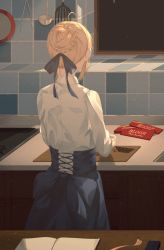 Rule 34 | 1girl, ahoge, artoria pendragon (all), artoria pendragon (fate), blonde hair, bloom 0826, blue bow, bow, braid, chocolate, cooking, dress, fate/stay night, fate (series), hair ribbon, high-waist skirt, holding, holding behind back, kitchen, long hair, long sleeves, ribbon, saber (fate), skirt, solo