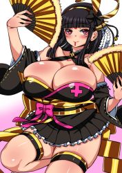 Rule 34 | 1girl, bare shoulders, beatmania, beatmania iidx, belt, black hair, blush, bow, breasts, bursting breasts, cleavage, collarbone, detached sleeves, dress, facial mark, female focus, gradient background, hair bow, hair ornament, hair ribbon, hand fan, highres, hinazuki ririna, japanese clothes, komusou (jinrikisha), large breasts, long hair, looking at viewer, miniskirt, plump, red eyes, ribbon, simple background, skirt, smile, solo, standing, tattoo, thick thighs, thighs