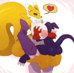 Rule 34 | 1boy, 1girl, ass, between breasts, black sclera, blue eyes, breasts, claws, colored sclera, curvy, digimon, digimon (creature), elbow gloves, eric lowery, facial mark, fox, fur trim, furry, gloves, heart, hetero, highres, huge ass, huge breasts, impmon, looking down, nipples, nude, on lap, renamon, scarf, simple background, sitting, sitting on lap, sitting on person, size difference, smile, spoken heart, tail, testicles, thick thighs, thighs, wavy mouth