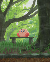 Rule 34 | blush, branch, forest, grass, grasslands, highres, kirby, kirby (series), leaf, looking up, miclot, nature, nintendo, no humans, open mouth, outdoors, rain, sitting, sky, solo, sparkle, tree, water drop