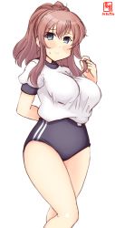 Rule 34 | 1girl, alternate costume, artist logo, black buruma, blush, breasts, brown hair, buruma, commentary request, dated, split mouth, grey eyes, gym uniform, hair between eyes, highres, holding, holding hair, kanon (kurogane knights), kantai collection, large breasts, looking at viewer, ponytail, saratoga (kancolle), shirt, sidelocks, simple background, solo, standing, t-shirt, white background, white shirt