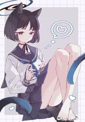 Rule 34 | 1girl, animal ears, barefoot, black choker, black eyes, black hair, black nails, blue archive, blue neckerchief, cat&#039;s cradle, cat ears, cat tail, choker, crossed ankles, feet, halo, heart, highres, kikyou (blue archive), knees up, multiple tails, nail polish, neckerchief, pleated skirt, rco as, ribbon choker, school uniform, serafuku, sitting, skirt, solo, tail, thought bubble, two tails