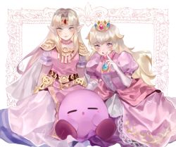 Rule 34 | 2girls, aubz, blonde hair, blue eyes, blush, cape, crown, dress, earrings, closed eyes, gloves, gown, hair ornament, hat, jewelry, kirby, kirby (series), long hair, looking at viewer, mario (series), multiple girls, nintendo, open mouth, pink dress, pink theme, pointy ears, princess peach, princess zelda, smile, super smash bros., the legend of zelda, the legend of zelda: a link between worlds, tiara