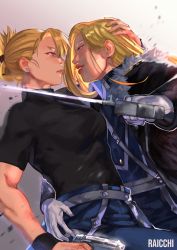 Rule 34 | 2girls, amestris military uniform, arm at side, artist name, bad id, bad pixiv id, black coat, black shirt, blonde hair, blue eyes, blue pants, blurry, brown eyes, coat, cowboy shot, earrings, expressionless, eye contact, eyelashes, fingernails, fullmetal alchemist, gloves, gun, half-closed eyes, hand on another&#039;s head, handgun, highres, holding, holding weapon, jewelry, light smile, long hair, looking at another, military, military uniform, multiple girls, olivier mira armstrong, pants, pistol, profile, riza hawkeye, shirt, smile, standing, teeth, uniform, upper body, weapon, white gloves, wristband, yuri