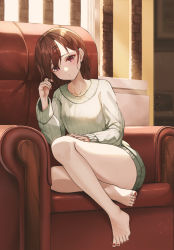 Rule 34 | 1girl, armchair, barefoot, brown hair, chair, closed mouth, collarbone, commentary request, hair ornament, hairclip, hand up, highres, higuchi madoka, idolmaster, idolmaster shiny colors, indoors, knees up, light particles, long sleeves, looking at viewer, michelan, mole, mole under eye, nail polish, pink eyes, purple eyes, short hair, sitting, solo, sunlight, sweater, toenail polish, toenails