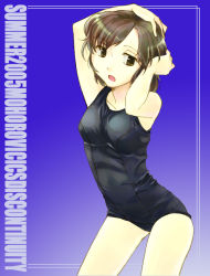 Rule 34 | 1girl, armpits, arms up, black one-piece swimsuit, brown eyes, brown hair, kujou hyotarouo, looking at viewer, one-piece swimsuit, open mouth, original, school swimsuit, short hair, solo, swimsuit