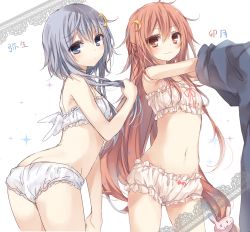 Rule 34 | 10s, 2girls, :3, ass, bloomers, character name, cinderella bust, crescent, crescent hair ornament, grabbing another&#039;s hair, hair ornament, highres, holding, holding own hair, kantai collection, komeshiro kasu, long hair, looking at viewer, multiple girls, panties, short hair with long locks, underwear, underwear only, undressing, uzuki (kancolle), white panties, yayoi (kancolle)