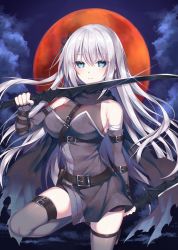 Rule 34 | 1girl, bare shoulders, black dress, black gloves, blue eyes, blush, breasts, cloud, commentary request, commission, dress, dual wielding, elbow gloves, fingerless gloves, full moon, gloves, grey thighhighs, hair between eyes, hand up, holding, holding sword, holding weapon, long hair, looking at viewer, medium breasts, moon, original, parted lips, red moon, silver hair, skeb commission, solo, sorai shin&#039;ya, standing, standing on one leg, sword, thighhighs, very long hair, weapon