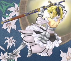 Rule 34 | 1girl, ahoge, armor, armored dress, artoria pendragon (fate), back, bad id, bad pixiv id, bare shoulders, blonde hair, caliburn (fate), capcom, detached sleeves, dress, fate/stay night, fate/unlimited codes, fate (series), flower, gauntlets, green eyes, hair ribbon, hitoha, lilies, lily (flower), ponytail, ribbon, saber (fate), saber lily, sheath, solo, sword, weapon
