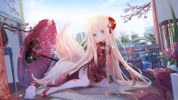 Rule 34 | 1girl, animal, animal ear fluff, animal ears, bare shoulders, blonde hair, blue eyes, blue sky, branch, breasts, cleavage cutout, clothing cutout, cloud, commentary request, day, dress, floral print, flower, highres, long hair, looking at viewer, original, outdoors, peas (peas0125), petals, print dress, purple flower, rabbit, red dress, red flower, red footwear, shoes, sitting, sky, sleeveless, sleeveless dress, small breasts, solo, tail, very long hair, yokozuwari