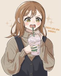 Rule 34 | 1girl, artist name, artist request, blush, breasts, brown eyes, brown hair, brown sweater, cup, drinking straw, drinking straw in mouth, female focus, hair between eyes, highres, holding, holding cup, kunikida hanamaru, light brown hair, long hair, looking at viewer, love live!, love live! sunshine!!, matching hair/eyes, nail, nail polish, parted lips, small breasts, smile, solo, sweater, upper body, vertical-striped sweater, yellow eyes, yellow nails