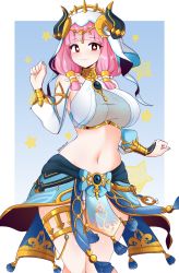 Rule 34 | 1girl, absurdres, blue background, blue bow, blue gemstone, blue nails, blue skirt, blunt bangs, blush, bow, breasts, brooch, circlet, closed mouth, clothing cutout, cosplay, covered navel, cowboy shot, crop top, detached sleeves, fake horns, fire emblem, fire emblem fates, gem, genshin impact, gold trim, hair over shoulder, hand up, harem outfit, highres, horns, jarckius, jewelry, large breasts, long sleeves, looking at viewer, mitama (fire emblem), nail polish, navel, neck ring, nilou (genshin impact), nilou (genshin impact) (cosplay), nintendo, pink hair, puffy long sleeves, puffy sleeves, red eyes, skirt, smile, solo, star-shaped pupils, star (symbol), starry background, stomach, symbol-shaped pupils, thighlet, thighs, twitter username, vambraces, veil, white background