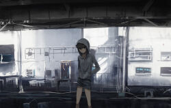 Rule 34 | 1girl, air conditioner, bare legs, black eyes, box, brown hair, building, cable, cardboard, cardboard box, condenser unit, dappled sunlight, facing to the side, grey hoodie, grey shorts, hands in pockets, hood, hood up, hoodie, industrial, industrial pipe, looking at viewer, moribuden, original, outdoors, overpass, short shorts, shorts, steel beam, sunlight, window, wire