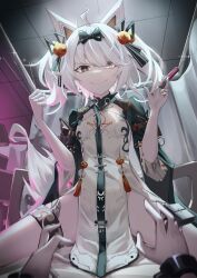 Rule 34 | 1girl, 1other, animal ears, black bow, black hairband, bow, chain, chained, chinese clothes, grey hair, hair bow, hair ornament, hairband, heterochromia, highres, holding, holding needle, holding syringe, long hair, looking at viewer, mechanical ears, mismatched pupils, needle, no.21: feral scent (punishing: gray raven), no.21 (punishing: gray raven), official alternate costume, official alternate hair length, official alternate hairstyle, panluo, pink pupils, pom pom (clothes), pom pom hair ornament, pouch, punishing: gray raven, sitting, sitting on person, syringe, tail, thigh pouch, thigh strap, two side up, wolf ears, wolf tail