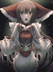 Rule 34 | 1girl, absurdres, apron, black background, bow, brown eyes, brown hair, commentary, english commentary, frilled bow, frills, hair bow, hakurei reimu, highres, light particles, long hair, looking at viewer, maid, nontraditional miko, open mouth, own hands together, red bow, ribbon-trimmed apron, ribbon-trimmed sleeves, ribbon trim, solo, touhou, tqg 07, waist apron, white apron, wide sleeves