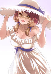 Rule 34 | 1girl, :d, bare shoulders, blush, breasts, brown eyes, brown hair, cleavage, commentary request, dress, hair ribbon, hat, hat ribbon, highres, hojo karen, idolmaster, idolmaster cinderella girls, large breasts, looking at viewer, low twintails, mk (mod0), navel, no panties, open mouth, purple ribbon, ribbon, see-through, see-through dress, shadow, short twintails, smile, solo, strapless, strapless dress, sun hat, tress ribbon, twintails, white dress, white hat