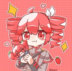 Rule 34 | :t, @ @, ahoge, artist name, buttons, cannibalism, chibi, chinese commentary, closed mouth, commentary, drill hair, dual persona, eating, food, food-themed hair, food bite, fruit, grey jacket, hair ribbon, heart, hyouenn, jacket, kasane teto, kasane teto (sv), long sleeves, mini person, minigirl, outline, polka dot, polka dot background, red background, red eyes, red hair, ribbon, shoulder belt, sleeve cuffs, sparkle, strawberry, synthesizer v, triangle mouth, twin drills, twitter username, upper body, utau, white outline, white ribbon