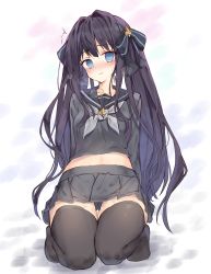 Rule 34 | 1girl, ^^^, absurdres, arcaea, black bow, black hair, black serafuku, black shirt, black skirt, black thighhighs, blue eyes, blush, bow, character request, collarbone, commentary, grey neckerchief, hair between eyes, hair bow, hair intakes, head tilt, heavy breathing, highres, long hair, long sleeves, neckerchief, nose blush, parted lips, pleated skirt, school uniform, serafuku, shirt, skirt, solo, striped, striped bow, suggestive fluid, sweat, symbol-only commentary, tandohark, tears, thigh gap, thighhighs, very long hair