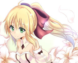 Rule 34 | 1girl, ahoge, artoria pendragon (fate), bad id, bad pixiv id, bare shoulders, blonde hair, bow, detached sleeves, fate/stay night, fate/unlimited codes, fate (series), flower, green eyes, hair bow, lily (flower), minato yoshihiro, petals, ponytail, saber (fate), saber lily, solo