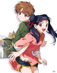 Rule 34 | 1990s (style), 1boy, 1girl, 9sui, black hair, brown eyes, brown hair, cardcaptor sakura, carrying, chinese clothes, double bun, hair bun, hair ribbon, li meiling, li xiaolang, open mouth, retro artstyle, ribbon, short shorts, shorts, signature, sleeves rolled up, smile, sweatdrop, twintails