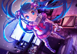 Rule 34 | 1girl, blue eyes, blue hair, earrings, from above, hair bobbles, hair ornament, hairclip, hatsune miku, headphones, jewelry, long hair, matching hair/eyes, microphone, monitor, mouth hold, skirt, smile, solo, striped clothes, striped thighhighs, thighhighs, twintails, very long hair, vocaloid, yamori (stom)