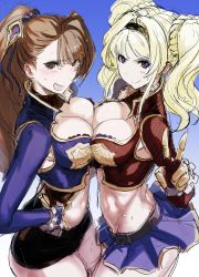 Rule 34 | &gt;:), 10s, 2girls, :d, @ @, alternate eye color, armor, armpit cutout, asymmetrical bangs, beatrix (granblue fantasy), belt, bikini armor, black shorts, blonde hair, blush, braid, breast press, breasts, brown eyes, brown hair, closed mouth, clothing cutout, crying, crying with eyes open, eyebrows, friends, gauntlets, gradient background, granblue fantasy, groin, hair between eyes, hair intakes, hair ornament, hairband, hand on own hip, large breasts, long hair, long sleeves, looking at viewer, miniskirt, multiple girls, navel, open mouth, pleated skirt, purple eyes, purple skirt, short shorts, shorts, sidelocks, sketch, skirt, smile, sweat, symmetrical docking, tears, tooya daisuke, twin braids, twintails, v, v-shaped eyebrows, zeta (granblue fantasy)