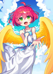 Rule 34 | 1girl, absurdres, blue bow, blush, bow, day, dress, green eyes, harpy (puyopuyo), highres, looking at viewer, offbeat, open mouth, outdoors, pink hair, puyopuyo, short hair, smile, solo, white dress, wings