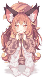 Rule 34 | 1girl, ahoge, animal ear fluff, animal ears, bare shoulders, blush, brown eyes, brown hair, brown sleeves, brown sweater, commentary request, daidai ookami, full body, highres, knees up, long hair, long sleeves, looking at viewer, loose socks, no shoes, open mouth, original, puffy long sleeves, puffy sleeves, ribbed sweater, shadow, simple background, sleeveless, sleeveless sweater, sleeveless turtleneck, smile, socks, solo, squatting, sweater, tail, turtleneck, very long hair, white background, white socks, wide sleeves