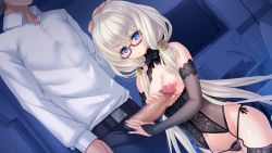 Rule 34 | 1boy, 1girl, black thighhighs, blonde hair, blue eyes, blush, breasts, bridal gauntlets, censored, dutch angle, eyelashes, game cg, garter straps, glasses, gloves, hair ornament, hand on another&#039;s head, hayama kazusa, head out of frame, hetero, hoshizora no babylon, kanata stein, lace, lace-trimmed gloves, lace-trimmed legwear, lace trim, large penis, lingerie, long hair, low twintails, monitor, mosaic censoring, navel, nipples, panties, penis, petite, player character, pout, protagonist (hoshizora no babylon), side-tie panties, size difference, small breasts, tareme, techarts, thighhighs, twintails, underwear, underwear only, very long hair