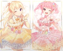 Rule 34 | 2girls, ;), ;d, bad id, bad pixiv id, bang dream!, blonde hair, bow, bowtie, center frills, clenched hand, clenched hands, detached collar, dress, earrings, floral background, flower, frilled dress, frills, hair ribbon, half-closed eyes, hand up, hands up, highres, jewelry, long hair, looking at viewer, maruyama aya, multiple girls, neck ribbon, one eye closed, open mouth, pink dress, pink eyes, pink flower, pink hair, pink neckwear, pom pom (clothes), pom pom earrings, purple eyes, red flower, red ribbon, ribbon, ribbon-trimmed dress, shirasagi chisato, sidelocks, smile, striped bow, striped bowtie, striped clothes, striped ribbon, twintails, white flower, wrist cuffs, yellow dress, yellow flower, yellow neckwear, yuhi (hssh 6)