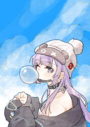 Rule 34 | 1girl, back peek, bare shoulders, beanie, black choker, black jacket, blowing bubbles, blue sky, chewing gum, chinese commentary, choker, cloud, commentary, dress, from side, halter dress, halterneck, hat, hella (path to nowhere), highres, jacket, long hair, looking at viewer, looking to the side, luza (552131725ljm), mask, mask on head, mouth mask, one eye closed, path to nowhere, pink hair, pom pom (clothes), pom pom beanie, procreate (medium), purple eyes, sideways glance, sky, sleep mask, sleeves past wrists, solo, upper body, white hat