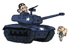 Rule 34 | 2girls, :d, blonde hair, blue eyes, burger, chibi, commentary request, food, gambier bay (kancolle), goggles, goggles on head, gun, helmet, iowa (kancolle), kantai collection, long hair, m41 walker bulldog, military, military vehicle, motor vehicle, multiple girls, open mouth, simple background, smile, solid oval eyes, standing, star (symbol), tank, terrajin, twintails, weapon, white background
