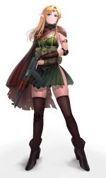 Rule 34 | 1girl, absurdres, ankle boots, armlet, assault rifle, black footwear, black gloves, black thighhighs, blonde hair, blue eyes, boots, breasts, brown capelet, cape, capelet, closed mouth, commentary, dress, elbow pads, elf, english commentary, fantasy, frown, full body, gloves, green dress, gun, half-closed eyes, half gloves, harness, headphones, headphones around neck, headset, high heel boots, high heels, highres, holding, holding gun, holding weapon, knee pads, long hair, looking at viewer, medium breasts, original, pencil pusher, pleated dress, pointy ears, rifle, short dress, side slit, simple background, solo, standing, thighhighs, tiara, torn cape, torn clothes, trigger discipline, weapon, white background
