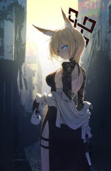 Rule 34 | 1girl, 723 chfhrqur, absurdres, alternate costume, animal ear fluff, animal ears, back, back cutout, black dress, black gloves, blonde hair, blue archive, blue eyes, broken cup, broken halo, china dress, chinese clothes, clothing cutout, commentary request, cup, dress, extra ears, feet out of frame, floral print, gloves, gun, halo, handgun, highres, holding, holding cup, holding gun, holding weapon, kanna (blue archive), looking at viewer, looking back, notched ear, off shoulder, outdoors, parted lips, shirt, short hair, side slit, solo, standing, thigh strap, weapon, white shirt