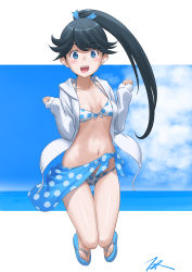 Rule 34 | 1girl, bikini, black hair, blue eyes, blue sarong, blue sky, breasts, cleavage, cloud, commentary request, full body, highres, hood, hooded jacket, hoodie, horizon, houshou (kancolle), jacket, kantai collection, long hair, ocean, ponytail, sandals, sarong, sky, small breasts, solo, swimsuit, t2r, thigh gap, white bikini, white jacket
